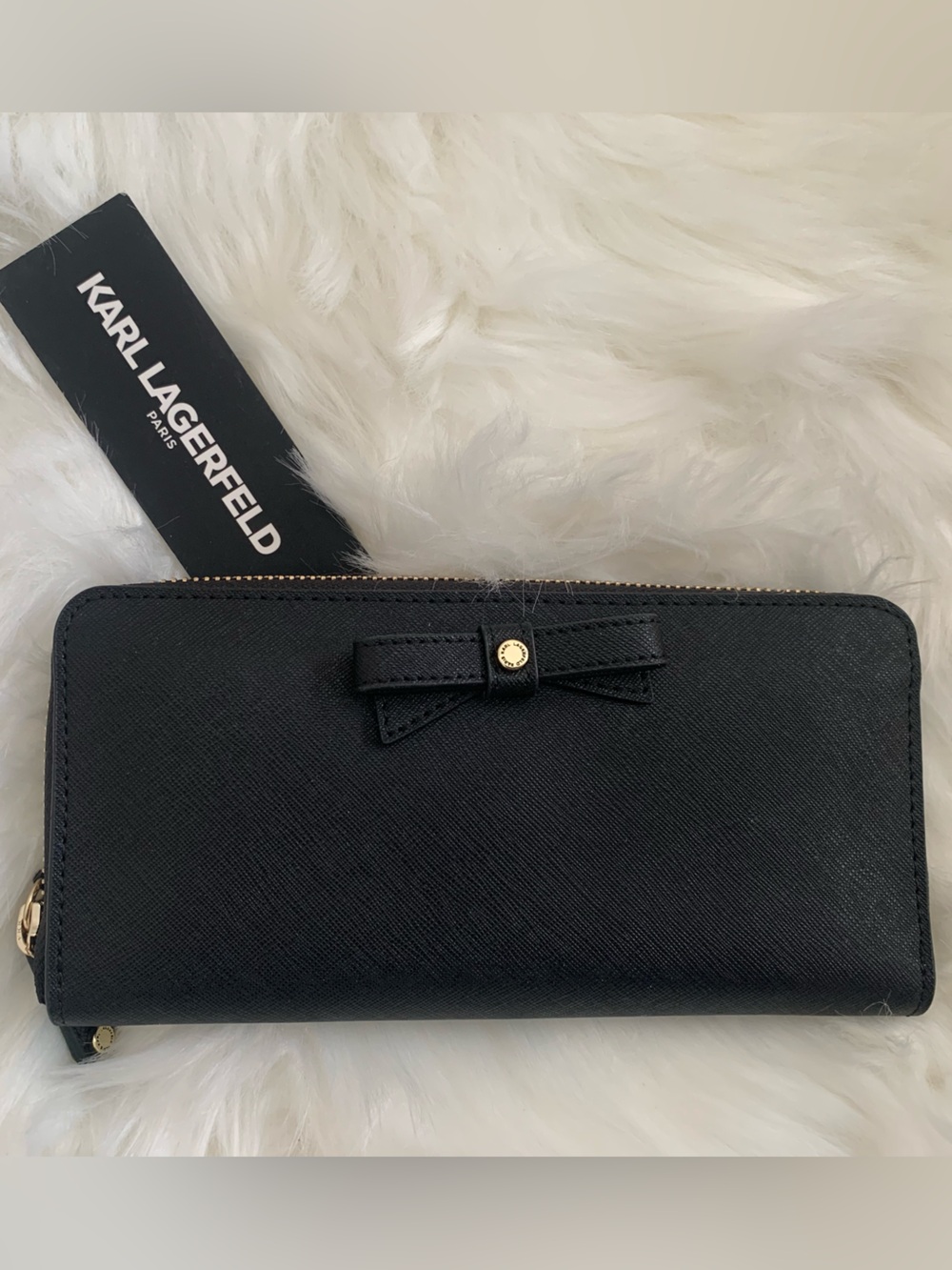 Karl Lagerfeld Black Bow Zip Wallet with Gold Hardware